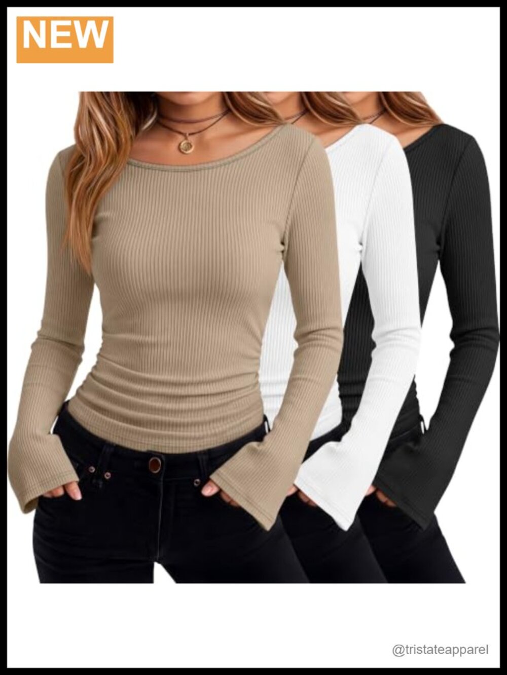 3 Pack Cotton Bell Sleeve Boat Neck Tops Women's